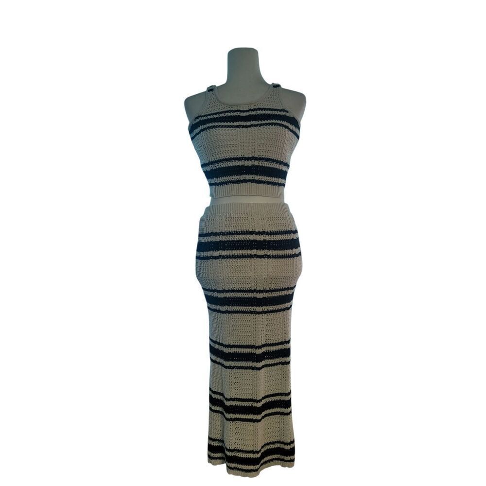 Freshman 1996 Striped Crochet Knit 2-Piece Set | Boho Coastal Maxi Skirt & Crop